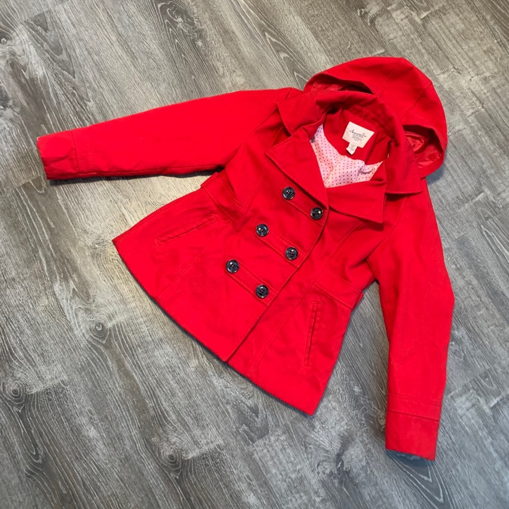 American Rag Red Double-Breasted Jacket with Hood Faux Wool.   Sz 0X.   EUC!